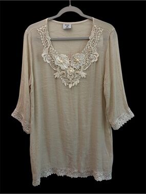 NWT MAD Style Boho Chic Crochet Beaded Cream Lace-Trim Tunic (XL) Coastal Beach